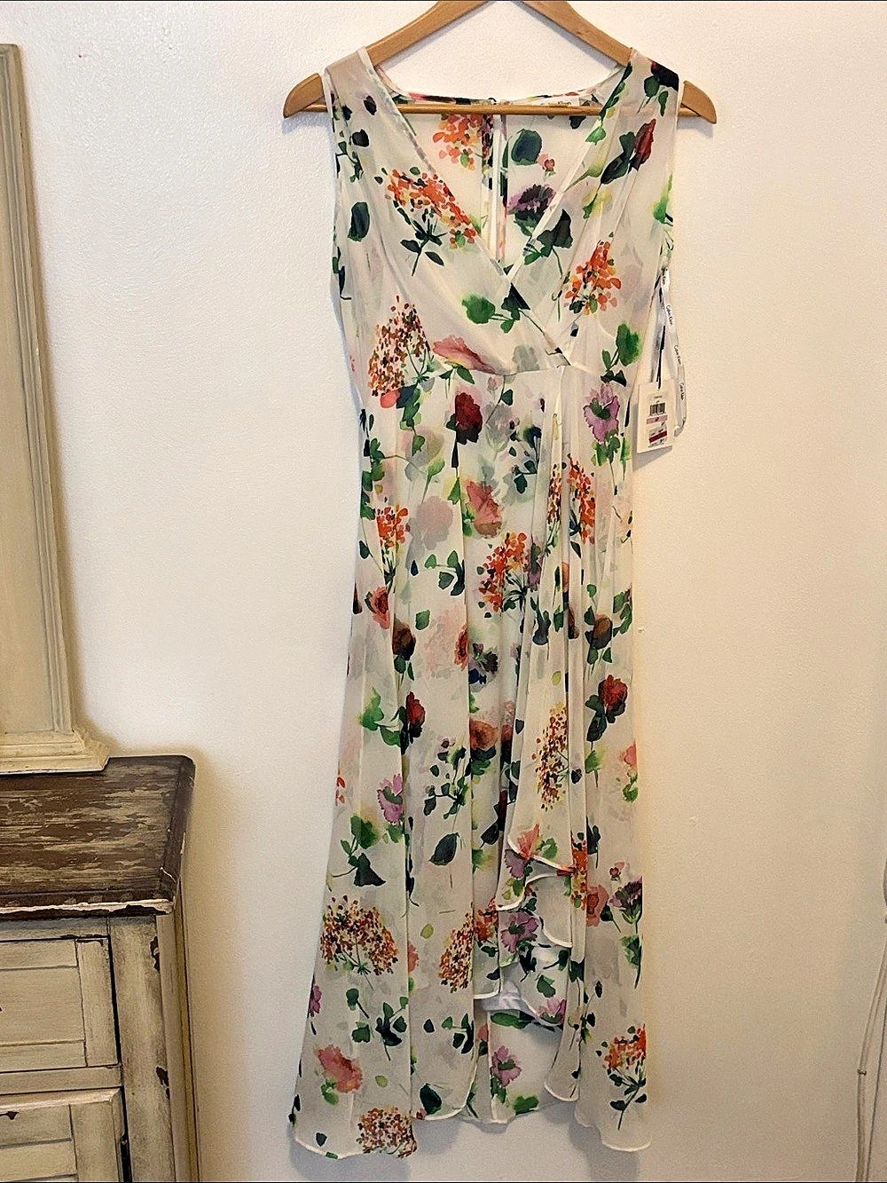 Calvin Klein Floral Sleeveless Chiffon High-Low Dress White & Green